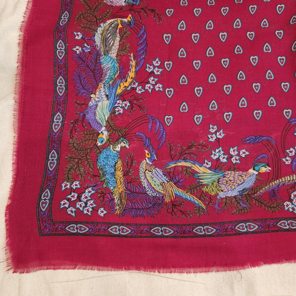 Vintage Betmar Italy Scarf Raspberry Pink Exotic Birds Hearts Colorful Large 46"